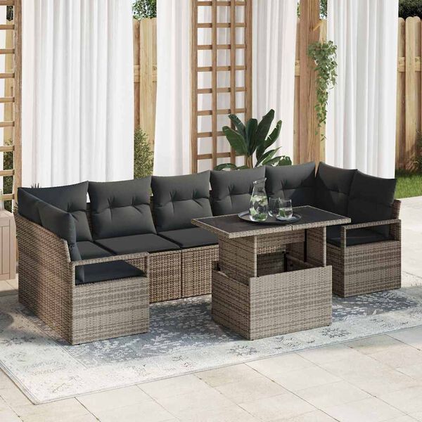 vidaXL Conjunto de sof&aacute; de jard&iacute;n con coj&iacute;n 8 pcs Gris rat&aacute;n sint&eacute;tico
