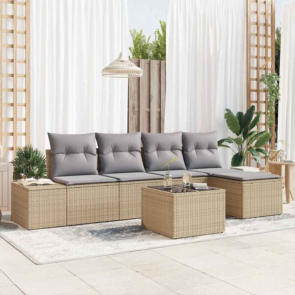 vidaXL Conjunto de sof&aacute; de jard&iacute;n 6 pcs Beige rat&aacute;n sint&eacute;tico