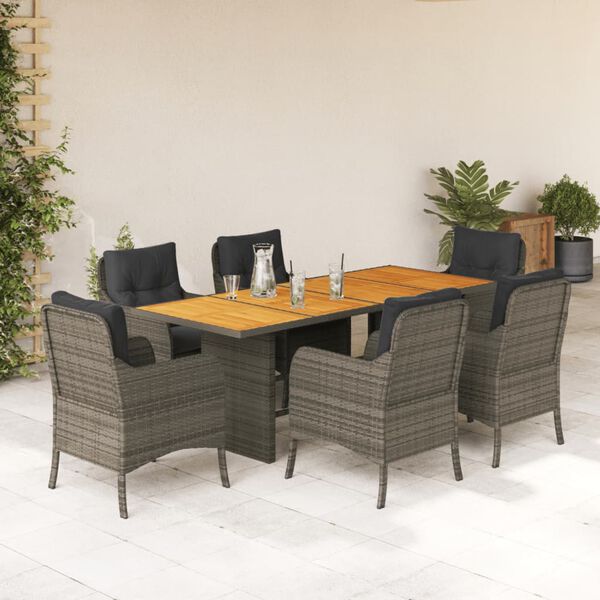 vidaXL Set comedor jard&iacute;n 7 pzas y cojines rat&aacute;n sint&eacute;tico gris
