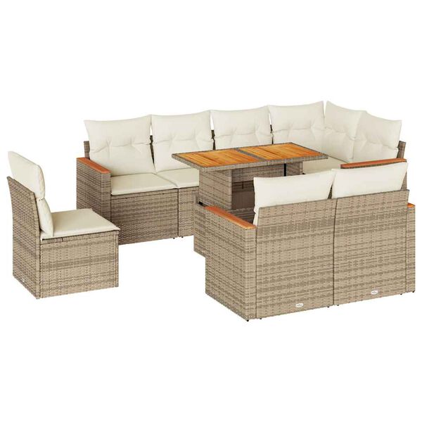 vidaXL Set sof&aacute;s jard&iacute;n y cojines 9 pzas rat&aacute;n sint&eacute;tico acacia beige