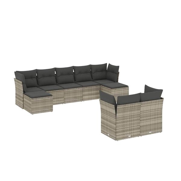 vidaXL Set muebles jard&iacute;n 9 pzas y cojines rat&aacute;n sint&eacute;tico gris claro