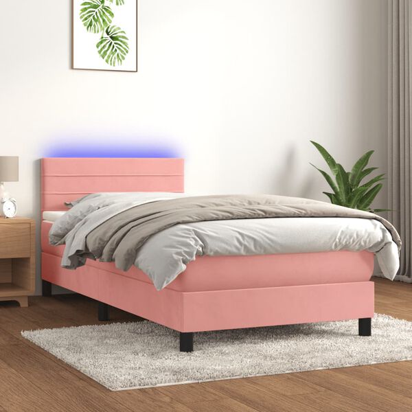 vidaXL Cama box spring colch&oacute;n y LED terciopelo rosa 90x200 cm
