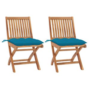 vidaXL Sillas plegables (2 unidades) con cojines azul claro, de madera maciza de teca.
