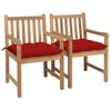 vidaXL Sillas de jard&iacute;n 2 uds madera maciza de teca con cojines rojos