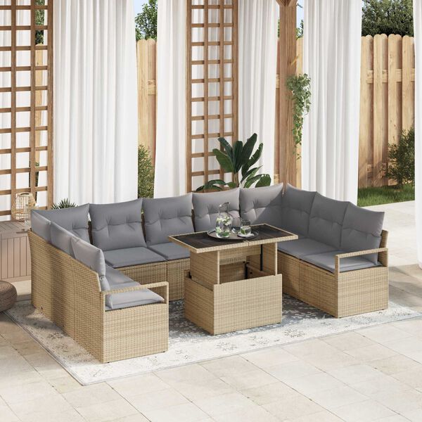 vidaXL Conjunto de sof&aacute; de jard&iacute;n 10 pcs Beige Polirat&aacute;n