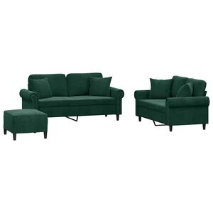 vidaXL Juego de sof&aacute;s con cojines 3 piezas terciopelo verde oscuro