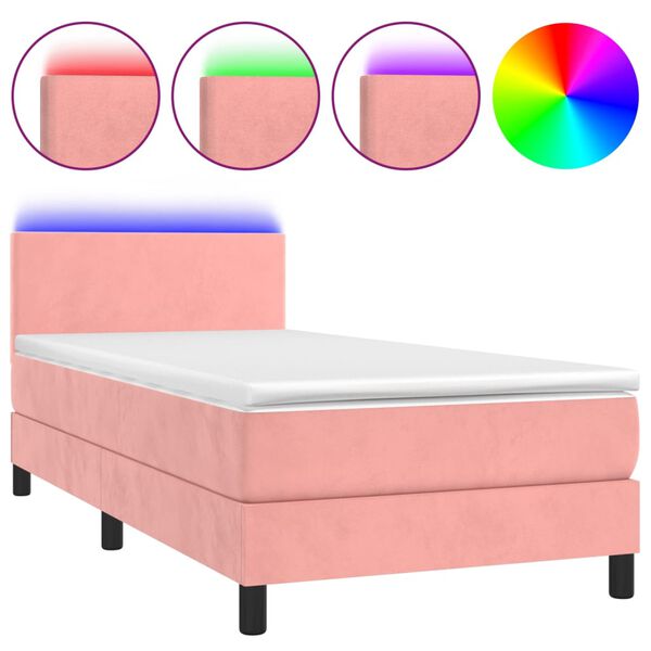 vidaXL Cama box spring colch&oacute;n y LED terciopelo rosa 100x200 cm