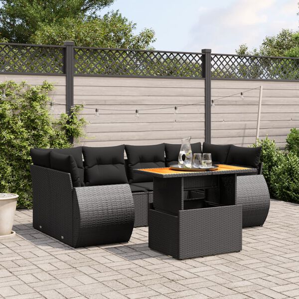 vidaXL Set de comedor de jard&iacute;n 7 pzas y cojines rat&aacute;n sint&eacute;tico negro