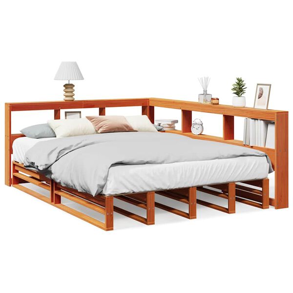 vidaXL Cama con estanter&iacute;a sin colch&oacute;n madera maciza marr&oacute;n 140x190 cm