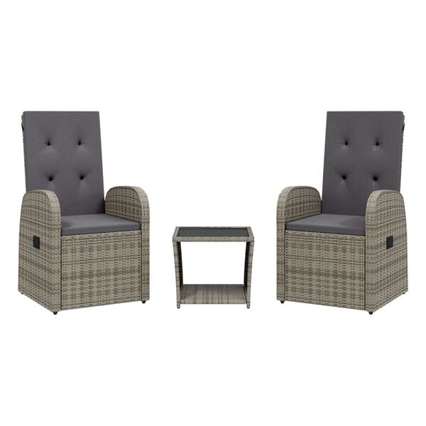 vidaXL Set comedor de jardín 3 piezas con cojines ratán sintético gris