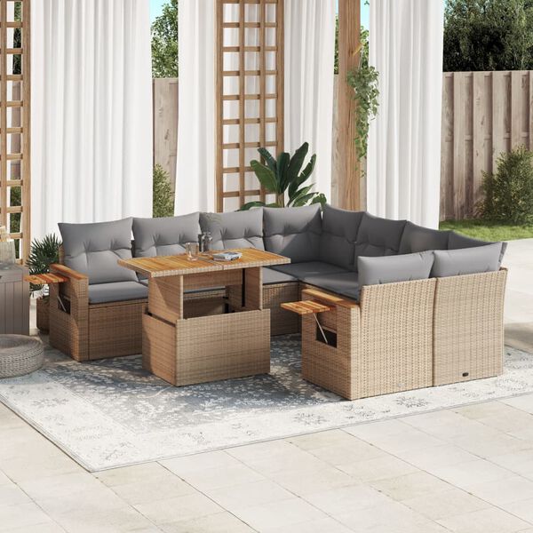 vidaXL Set de sof&aacute;s de jard&iacute;n 9 pzas con cojines rat&aacute;n sint&eacute;tico beige