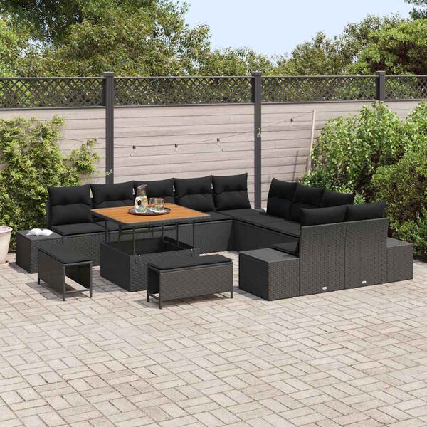 vidaXL Conjunto de sof&aacute;s de jard&iacute;n con coj&iacute;n 13 pcs Negro Polirat&aacute;n