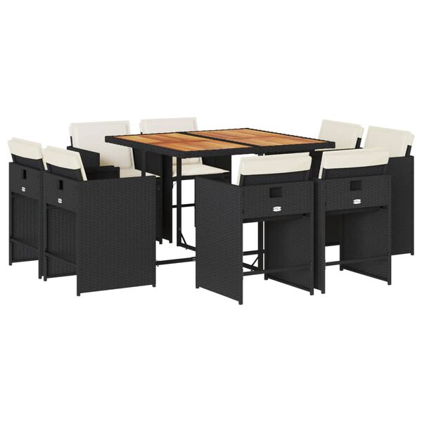 vidaXL Set de comedor de jard&iacute;n 9 pzas y cojines rat&aacute;n sint&eacute;tico negro