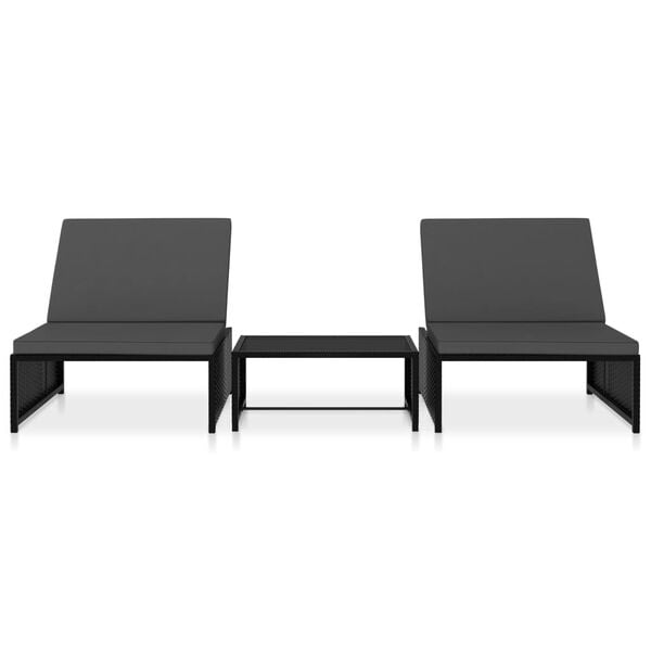 vidaXL Sillas de jard&iacute;n reclinables con mesa 2 uds rat&aacute;n PE negro