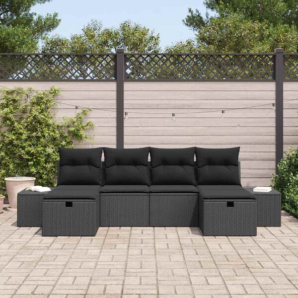 vidaXL Conjunto de sof&aacute; de jard&iacute;n 6 pcs Negro rat&aacute;n sint&eacute;tico