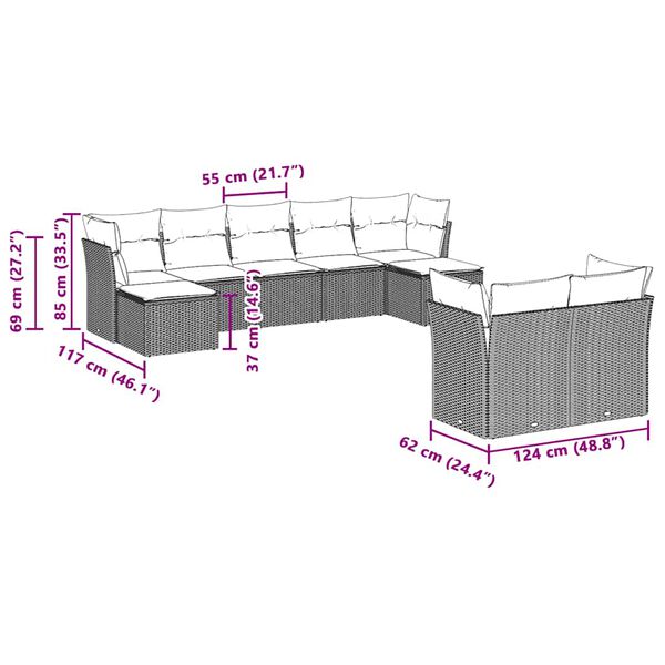 vidaXL Set muebles jard&iacute;n 9 pzas y cojines rat&aacute;n sint&eacute;tico gris claro
