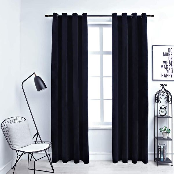 vidaXL Cortinas opacas con anillas 2 pzas terciopelo negro 140x175 cm
