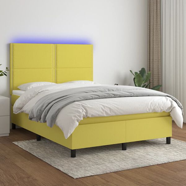 vidaXL Cama box spring colch&oacute;n y luces LED tela verde 140x200 cm