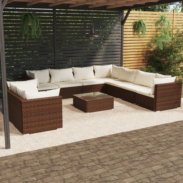 vidaXL Set muebles de jard&iacute;n 10 pzas y cojines rat&aacute;n sint&eacute;tico marr&oacute;n