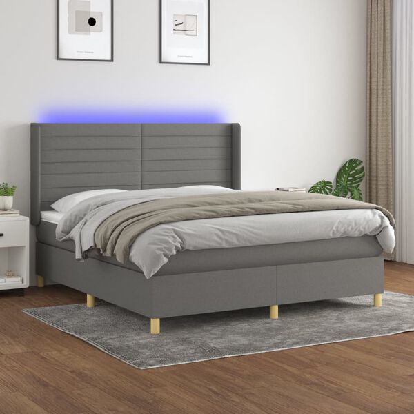 vidaXL Cama box spring colchón y luces LED tela gris oscuro 180x200 cm