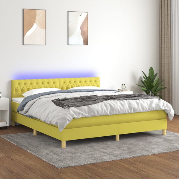 vidaXL Cama box spring con colch&oacute;n y LED tela verde 180x200 cm