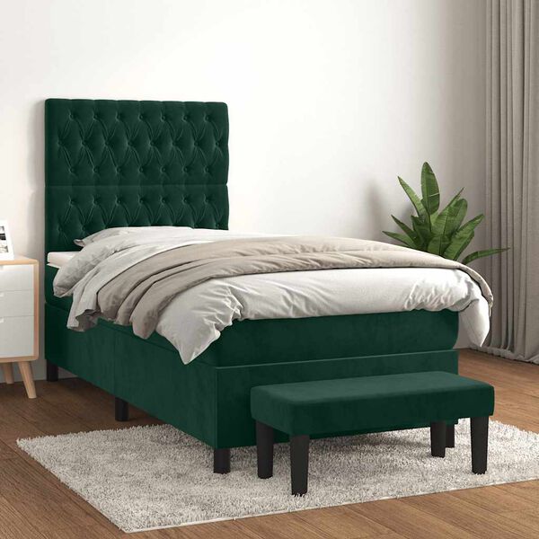 vidaXL Cama box spring con colch&oacute;n terciopelo verde oscuro 90x190 cm
