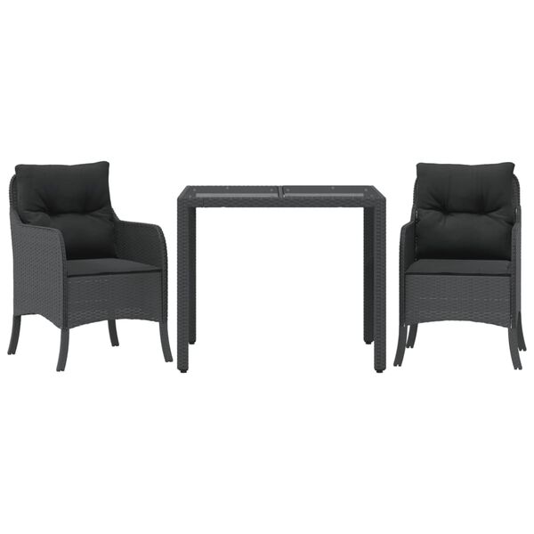 vidaXL Set comedor de jard&iacute;n 3 pzas con cojines rat&aacute;n sint&eacute;tico negro