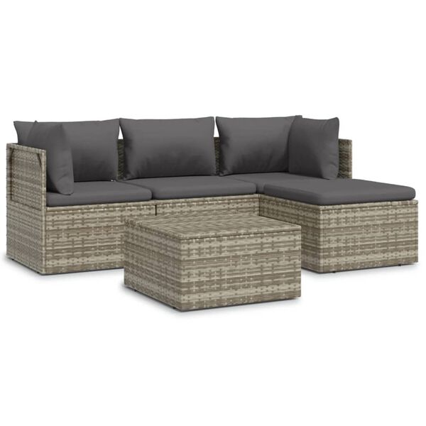 vidaXL Set de muebles de jard&iacute;n 5 pzas y cojines rat&aacute;n sint&eacute;tico gris