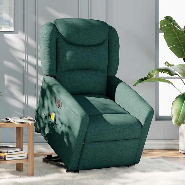 vidaXL Sillón masaje eléctrico reclinable elevable tela verde oscuro