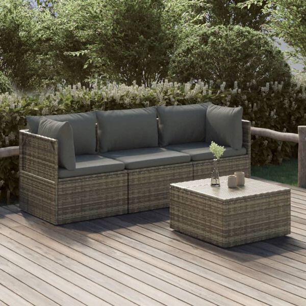 vidaXL Set de muebles de jard&iacute;n 4 pzas y cojines rat&aacute;n sint&eacute;tico gris