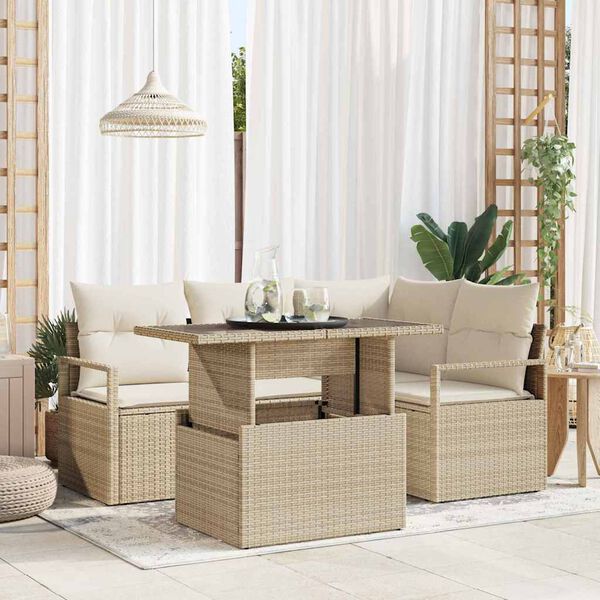 vidaXL Conjunto de sof&aacute; de jard&iacute;n 5 pcs Beige Polirat&aacute;n