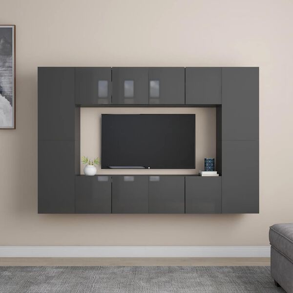 vidaXL Muebles de TV de sal&oacute;n 8 pzas madera de ingenier&iacute;a gris brillo