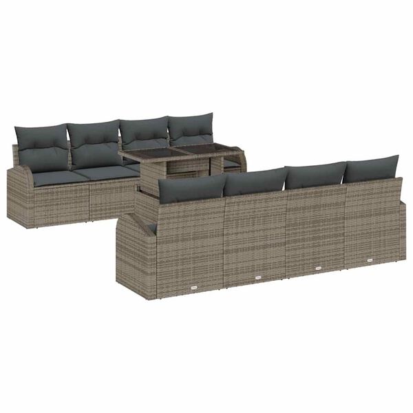 vidaXL Conjunto de sof&aacute; de jard&iacute;n 9 pcs Gris Rattan de Poli&eacute;ster