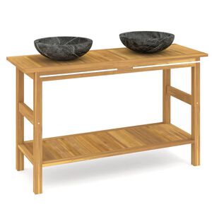 vidaXL Tocador de ba&ntilde;o madera maciza de teca con lavabos m&aacute;rmol negro
