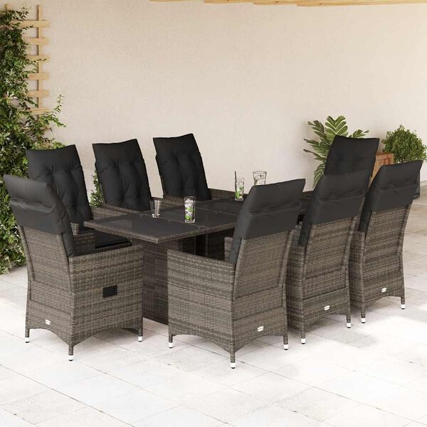 vidaXL Set comedor jard&iacute;n 9 pzas y cojines rat&aacute;n sint&eacute;tico gris