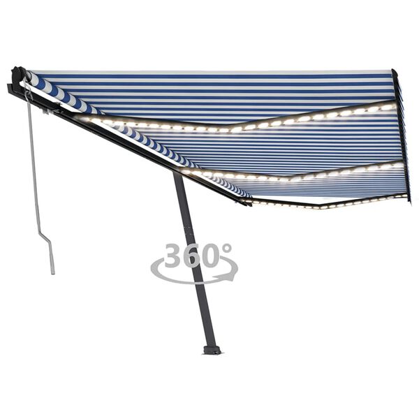 vidaXL Toldo autom&aacute;tico LED sensor de viento azul y blanco 600x350 cm