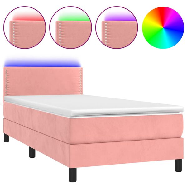 vidaXL Cama box spring colch&oacute;n y LED terciopelo rosa 90x190 cm