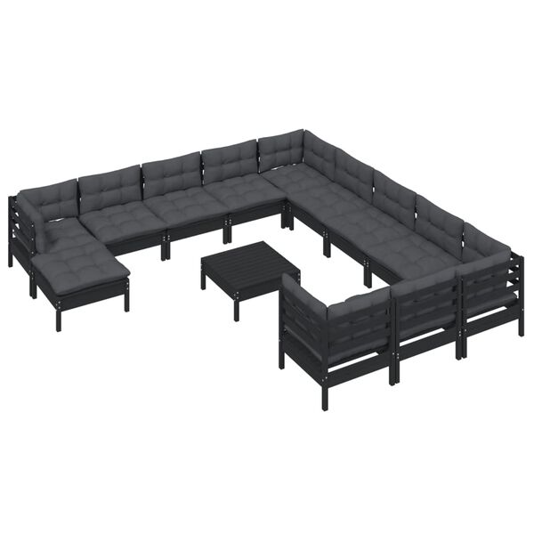 vidaXL Muebles de jard&iacute;n 13 pzas con cojines negro madera de pino