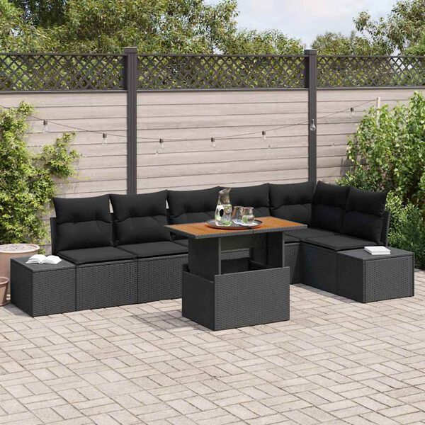 vidaXL Conjunto de sof&aacute; de jard&iacute;n 7 pcs Negro Polirat&aacute;n