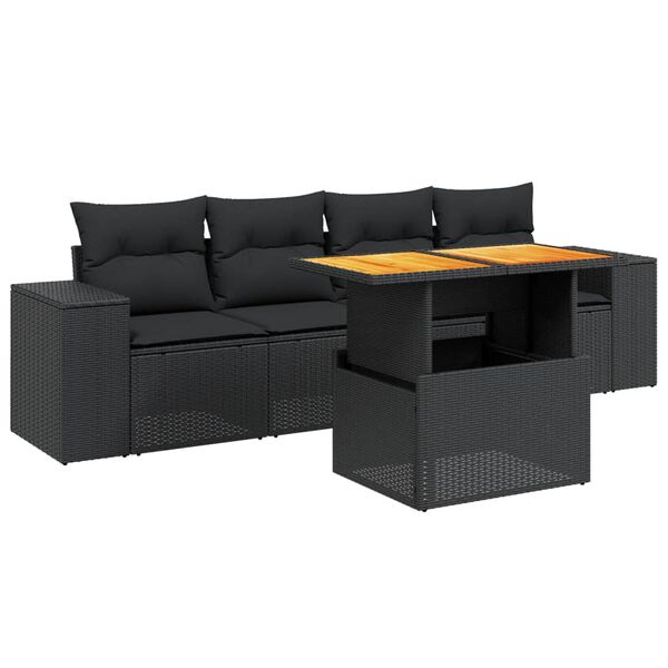 vidaXL Set de muebles de jard&iacute;n 5 pzas y cojines rat&aacute;n sint&eacute;tico negro