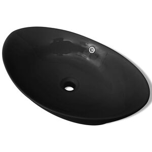 Lavabo Oval de cer&aacute;mica negra de lujo con desag&uuml;e, 59 x 38,5 cm