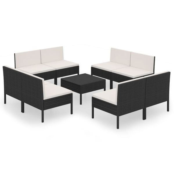 vidaXL Set de muebles de jard&iacute;n 9 pzas cojines rat&aacute;n sint&eacute;tico negro