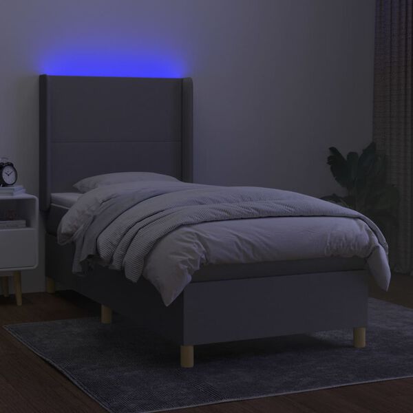 vidaXL Cama box spring colch&oacute;n y luces LED tela gris claro 90x190 cm