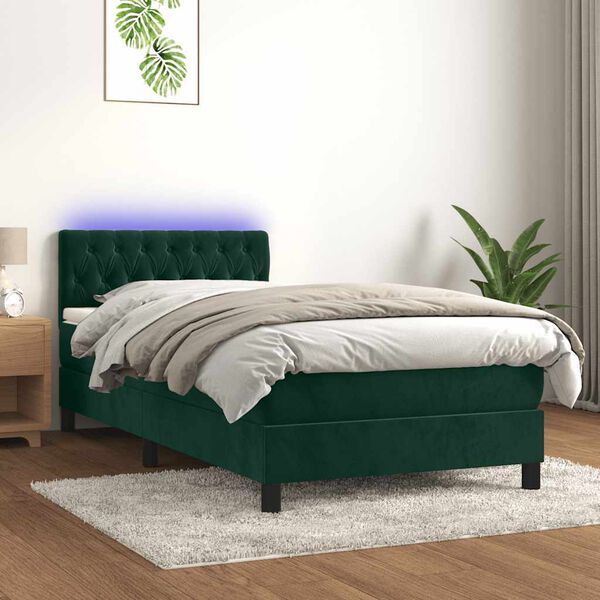 vidaXL Cama box spring colch&oacute;n y LED terciopelo verde oscuro 90x200 cm