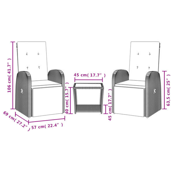 vidaXL Set comedor de jard&iacute;n 3 piezas con cojines rat&aacute;n sint&eacute;tico gris
