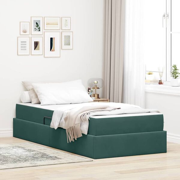vidaXL Cama con almacenamiento y colch&oacute;n Verde oscuro 90 x 190 cm