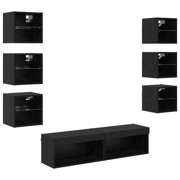 vidaXL Mueble de TV con tira de luces LED 8 pcs Roble Negro Cristal
