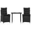 vidaXL Set comedor de jard&iacute;n 3 pzas con cojines rat&aacute;n sint&eacute;tico negro
