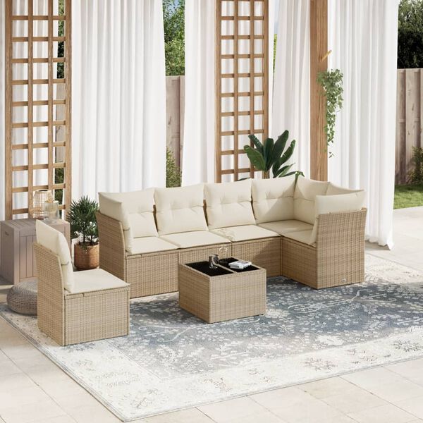 vidaXL Set sof&aacute;s de jard&iacute;n 7 piezas y cojines rat&aacute;n sint&eacute;tico beige