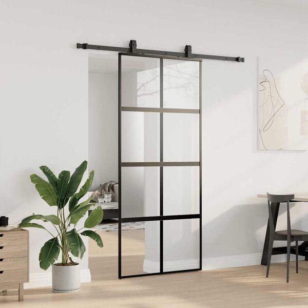 vidaXL Puerta corredera con herrajes negro 90x205 cm vidrio templado